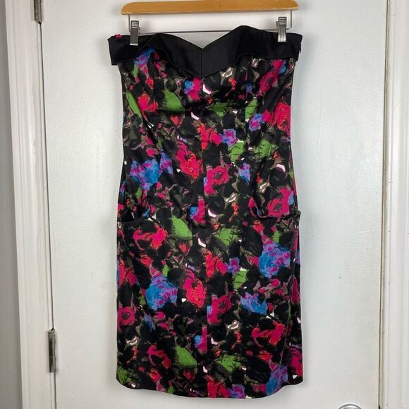 Betsey Johnson Black Pink Blue Floral Sweetheart Strapless Mini Dress sz 8 NEW! - Picture 1 of 9